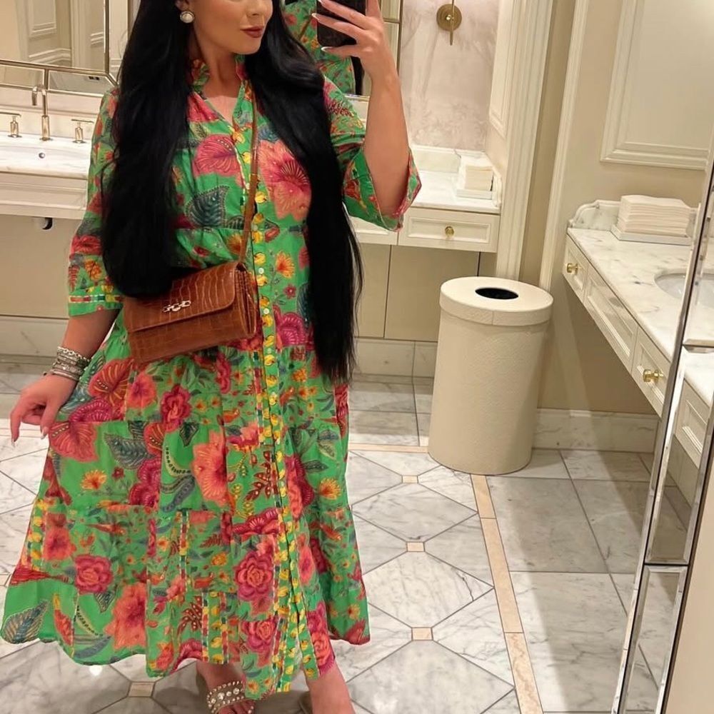 Vibrant Floral + Parrot BOHO Green & Pink Dress Classy Rio